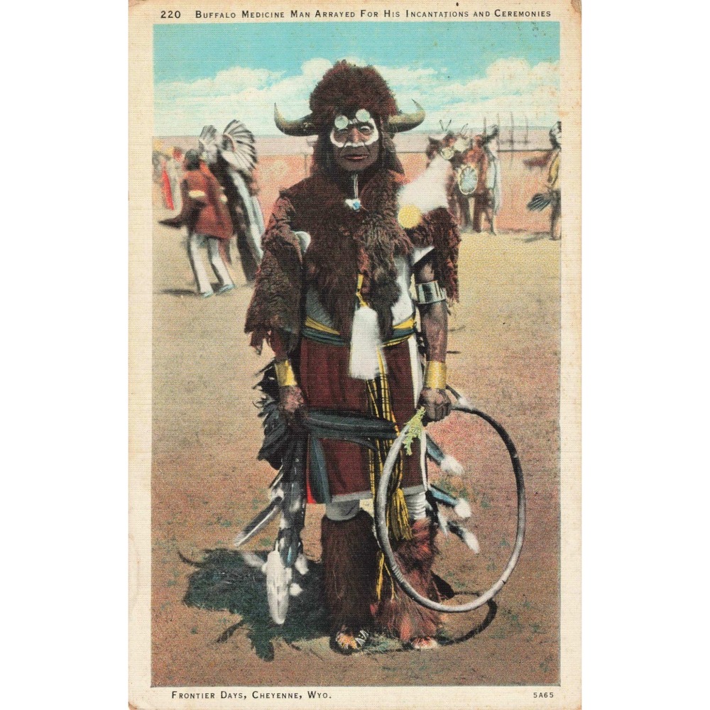 Vintage 1936 Frontier Days Cheyenne Wyoming Buffalo Medicine Man Postcard VG